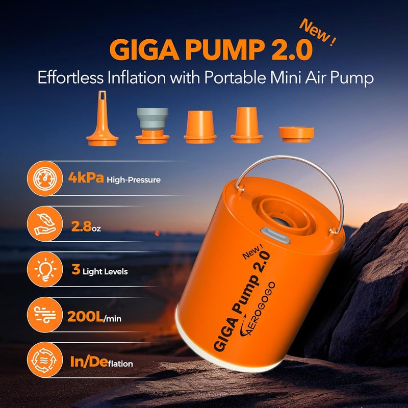 GIGA PUMP Portable Air Pump for Inflatables, 4kPa Mini Air Mattress Pump with Camping Light, 1300mah Battery Rechargeable Pump Inflator/Deflator for Swimming Rings, Air Mattress, Pool Float, Vacuum Bags - Image 2
