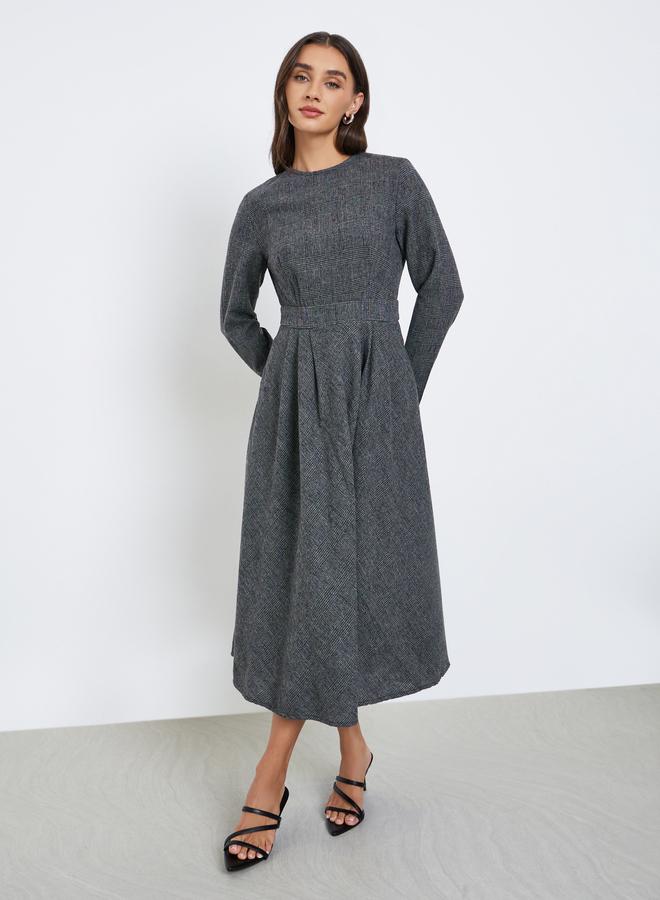 Checked Long Sleeves A-Line Midi Dress