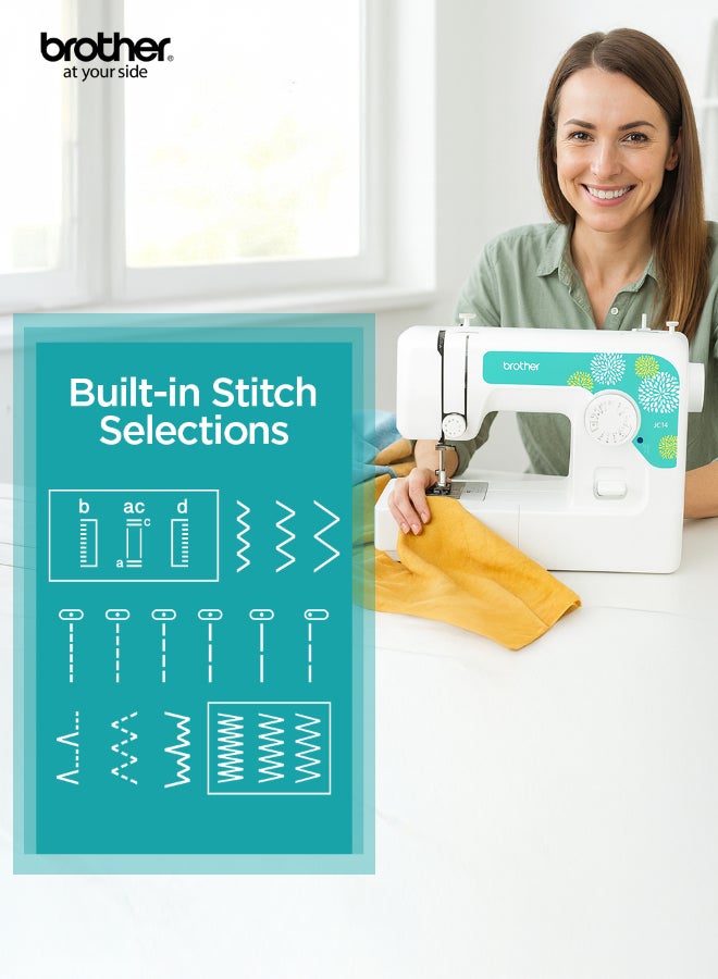 brother JC14 Compact Electric Sewing Machine easy to use sewing and mending machine |Featuring 14 range of stitches and free arm conversion This 4-step buttonhole | top load bobbin system and LED sewing light,| an instructional DVD for easy setup and operation | White/Pink color |Made in Vietnam JC14 White - Image 5