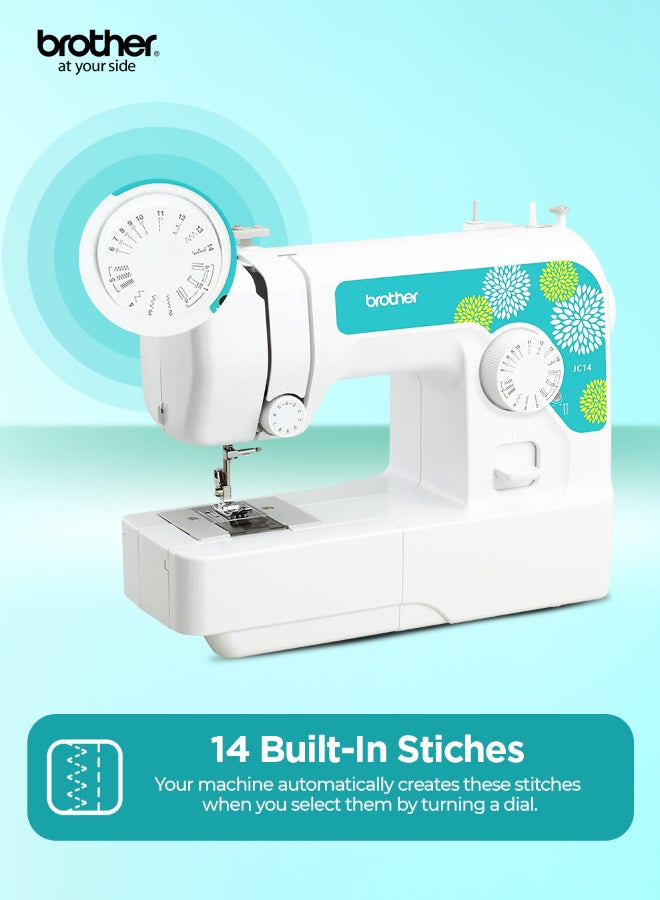 brother JC14 Compact Electric Sewing Machine easy to use sewing and mending machine |Featuring 14 range of stitches and free arm conversion This 4-step buttonhole | top load bobbin system and LED sewing light,| an instructional DVD for easy setup and operation | White/Pink color |Made in Vietnam JC14 White - Image 4