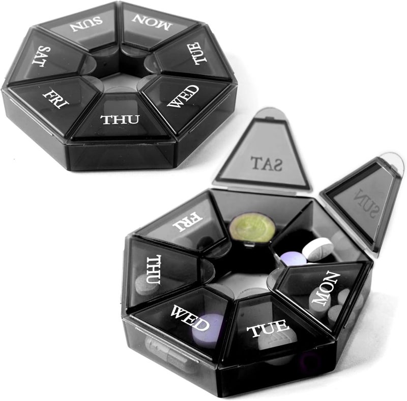 Deke Home - Small Weekly Pill Organizer, Round Pill Dispenser for Travel, Mini Pill Organizer, Compact Medicine Holder, Pill Sorters 7 Days, Portable Vitamin Container (2 Units)