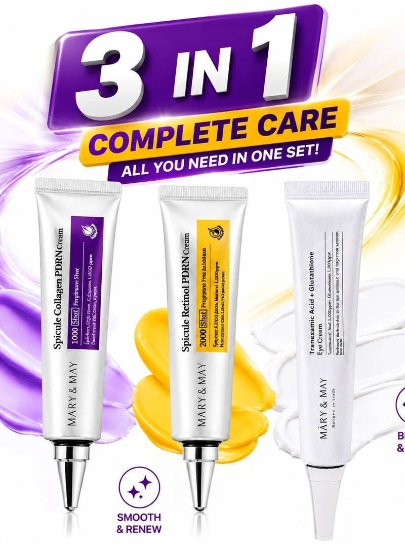 Mary Meyer MARY & MAY 3-in-1 Complete Care Package – Spicule Collagen PDRN 1000 Shot Cream + Spicule Retinol PDRN 2000 Shot Cream + Tranexamic Acid & Glutathione Eye Cream - Image 1
