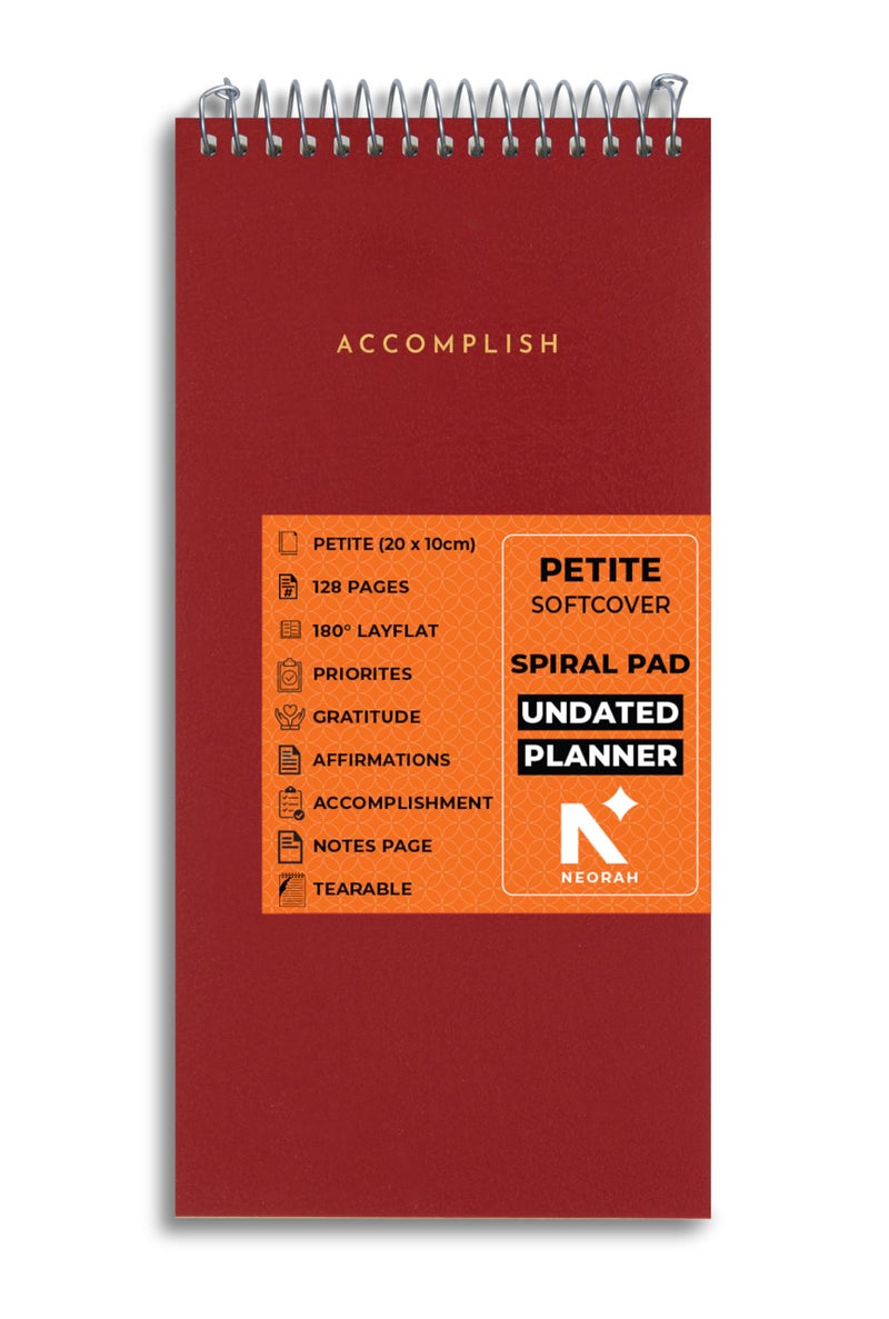 NEORAH—PETITE Daily To Do List Pad | 128 Pages | 20.0 x 10.0 cm|Daily + Hourly Split + Notes page|Durable Metal Spiral Desk Notepad + tear off sheets | Academics Planner, Office Work Planner (RED) - Image 1