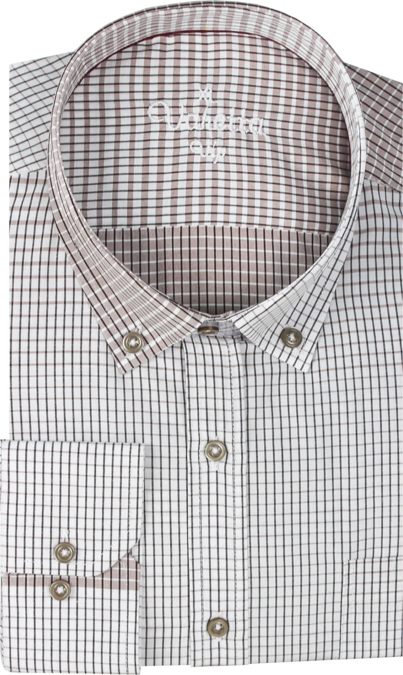 فاريتا Men's White Milk Coffee Pocket Classic Cut Checkered Long Sleeve Shirt