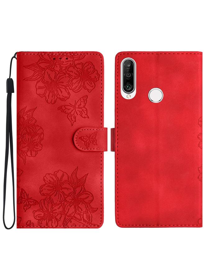 زبون جراب لهاتف Huawei P30 lite، جراب هاتف من البولي يوريثان المنقوش بنقشة زهور الكرز والفراشات - Image 1