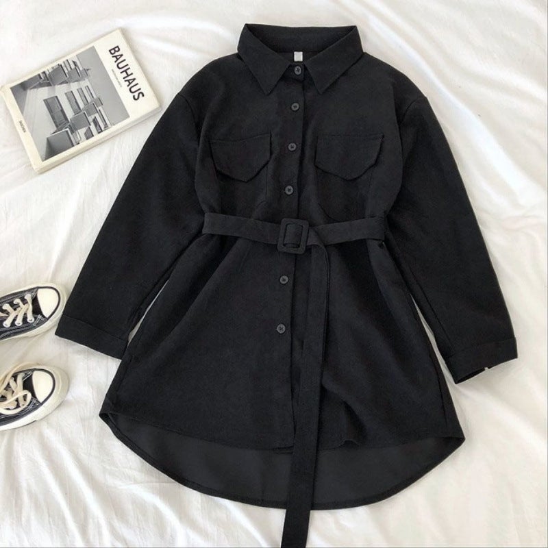 Corduroy Shirt Womens Single Breasted POLO Collar 2024 Spring and Autumn Korean Chic Loose Midi Shirt Dress Jacket Brown - Image 3