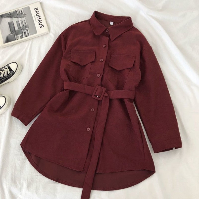 Corduroy Shirt Womens Single Breasted POLO Collar 2024 Spring and Autumn Korean Chic Loose Midi Shirt Dress Jacket Brown - Image 2