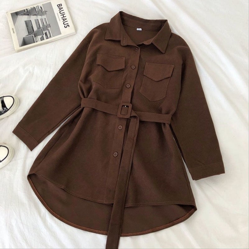 Corduroy Shirt Womens Single Breasted POLO Collar 2024 Spring and Autumn Korean Chic Loose Midi Shirt Dress Jacket Brown - Image 1