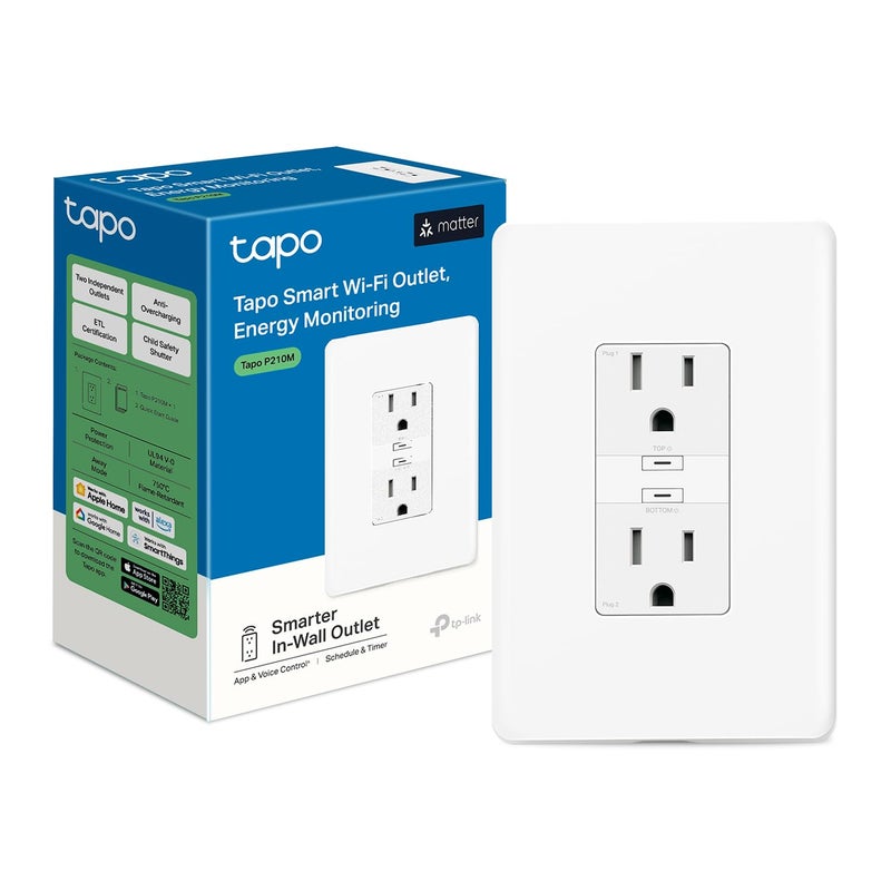 Tapo Smart Plug, Wi-Fi in-Wall Outlet, Matter Compatible, Energy Monitoring, 15A/1800W Max, Works with Alexa, Apple Home, Google Home, SmartThings, Voice/Remote Control, ETL Certified - Tapo P210M - Image 1