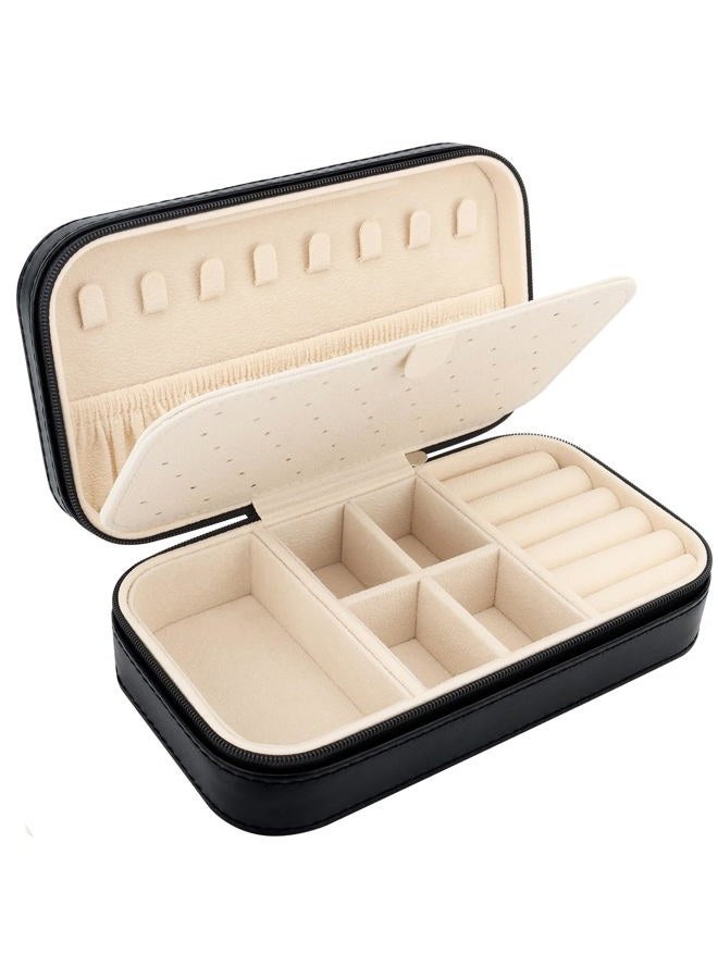 DesignSter Travel Jewelry Box, PU Leather Portable Jewelry Case, Small Jewelry Boxes for Gifts, Travel Jewelry Organizer for Women Rings Earrings Necklaces Bracelets (Black) - Image 1