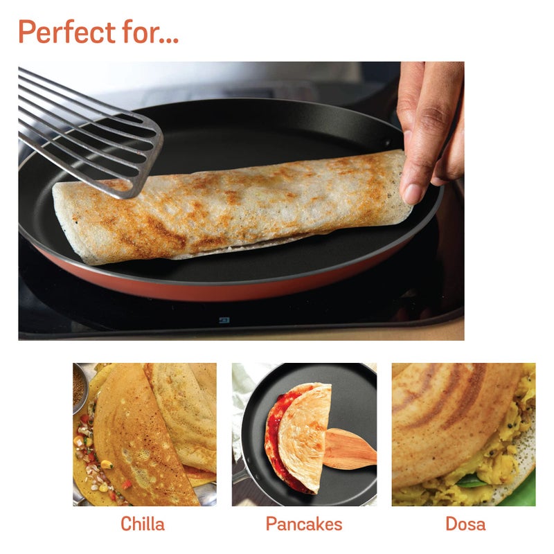 Meyer Non Stick Aluminium Flat Dosa Tawa | Roti Tawa Nonstick | Non Stick Dosa Pan | Roti Tawa Induction Base | Dosa Tawa Big Size | Chapati Tawa | Non Stick Cookware, 28cm, Orange - Image 3