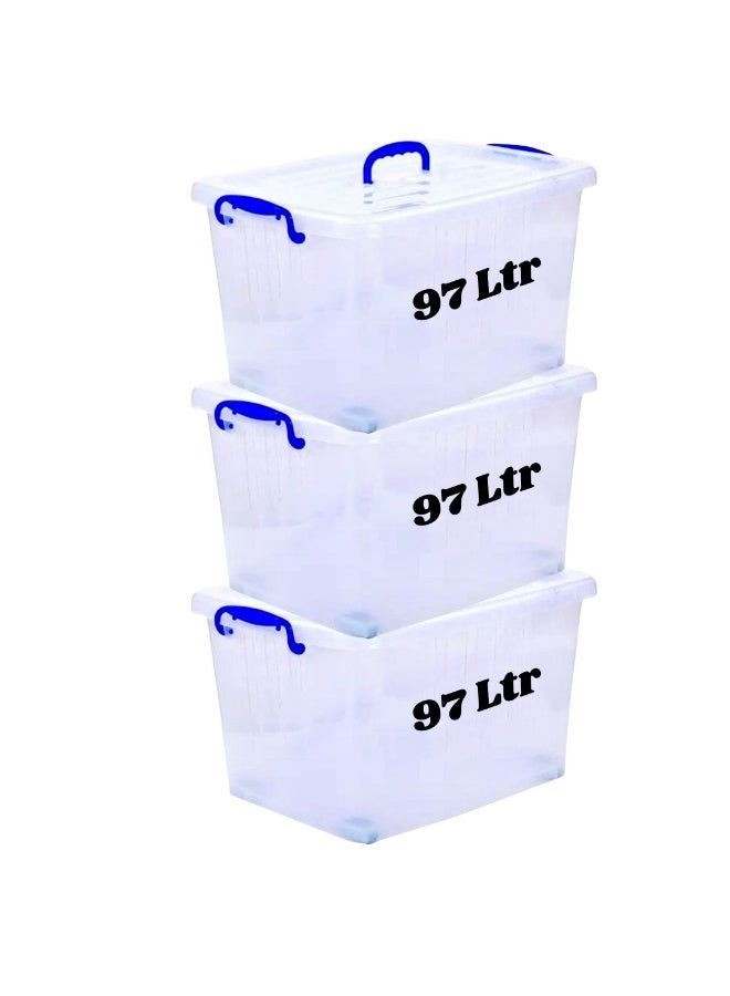 مجموعة صناديق تخزين بلاستيكية شفافة من HIWARE سعة 97 لترًا، 3 قطع، بأغطية قابلة للقفل | حاويات تنظيم شفافة للملابس والألعاب والأدوات والفنون والحرف اليدوية | حل تخزين قابل للتكديس بمقابض (3 × 97 لترًا)