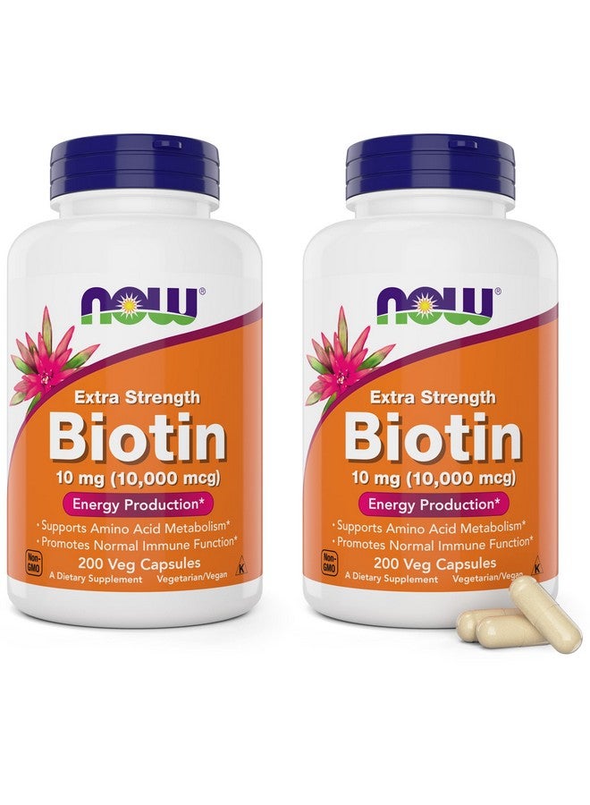 now Foods Biotin 10 Mg (10000 Mcg) Extra Strength 200 Veg Caps (Pack Of 2) Supplement - Image 1