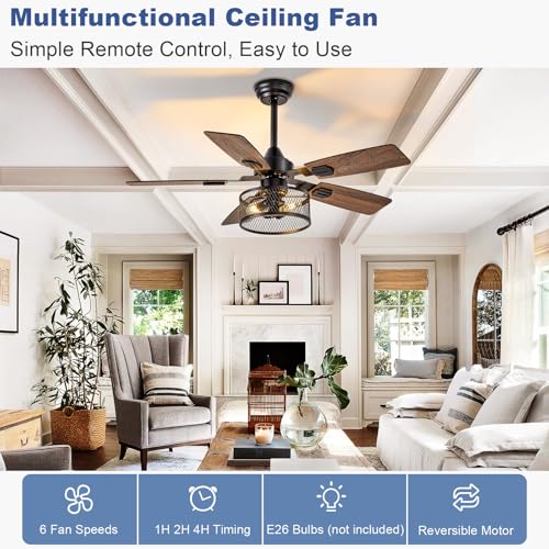 Depuley 42-Inch Ceiling Fans with Lights: Caged Ceiling Fans Dual Finish 5 Blades - Farmhouse Ceiling Fan with Remote Control for Rustic Living Room Outdoor Patio Reversible (Black Walnut) - Image 2