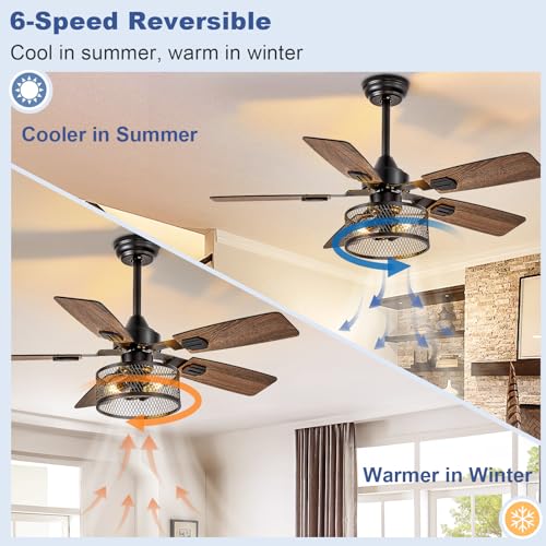 Depuley 42-Inch Ceiling Fans with Lights: Caged Ceiling Fans Dual Finish 5 Blades - Farmhouse Ceiling Fan with Remote Control for Rustic Living Room Outdoor Patio Reversible (Black Walnut) - Image 4