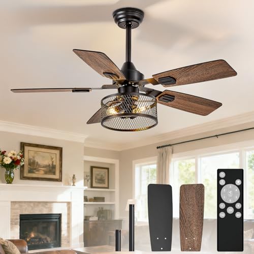 Depuley 42-Inch Ceiling Fans with Lights: Caged Ceiling Fans Dual Finish 5 Blades - Farmhouse Ceiling Fan with Remote Control for Rustic Living Room Outdoor Patio Reversible (Black Walnut) - Image 1