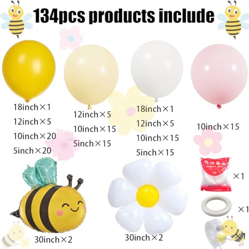 besttideyes Bee Balloons Garland Arch Kit 134 pcs yellow pestal pink balloon Arch with bee daisy balloons for Baby Shower Lemonade Birthday Honeybee Party Decor - Image 3