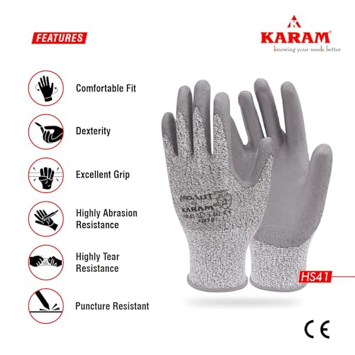 Karam HS41 Safety Gloves for Mechanical Risk | Safety Work Gloves with HPPE Liner with Grey PU Coating | Cut Resistant | Abrasion, Tear & Puncture Resistant | Industrial Use | Size-M - Image 4