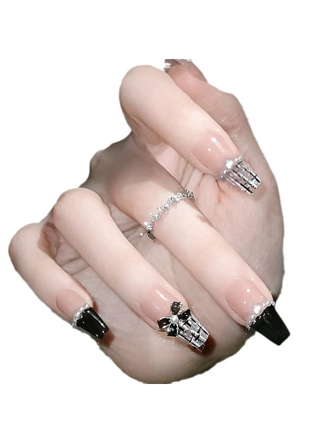 Goolsky Plaid Tweed Pearl Bow Press-on Nails in Black & Nude for Chic Daily Style - Image 5
