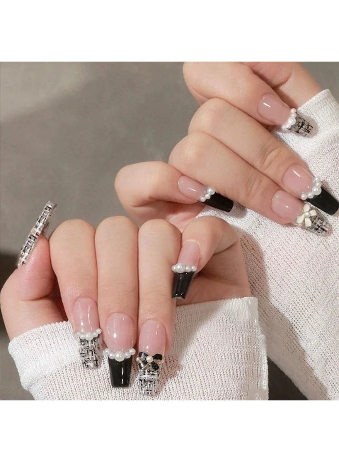 Goolsky Plaid Tweed Pearl Bow Press-on Nails in Black & Nude for Chic Daily Style - Image 2