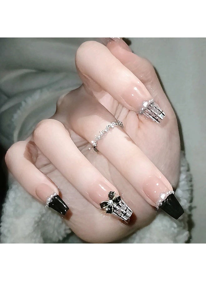 Goolsky Plaid Tweed Pearl Bow Press-on Nails in Black & Nude for Chic Daily Style - Image 3