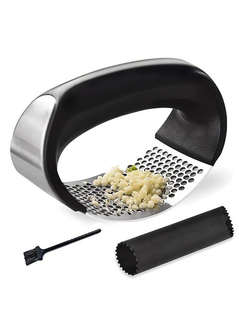 Garlic Press Rocker, Stainless Steel Garlic Mincer Crusher, Precision Kitchen Gadgets Garlic Chopper with Ergonomic Handle Silicone Tube Peeler and Cleaning Brush Tool