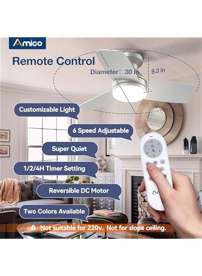 Arabest 30 Silver Ceiling Fan with Remote Control, Dimmable Light, Reversible, Noiseless - Ideal for Bedroom or Outdoor Use  - Image 2