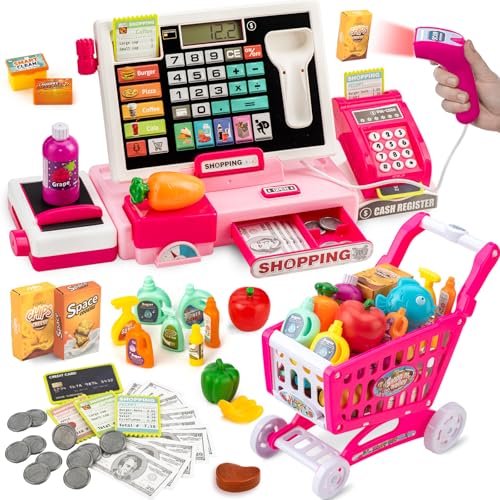 VROGTIK Kids Cash Register Toy with Shopping Cart Toddler Pretend Play Store Cashier Register for Kids with Music / Real Calculator / Scanner Learning Toys for Girls Birthday Gift for 3-8 Year Old Girl - Image 1