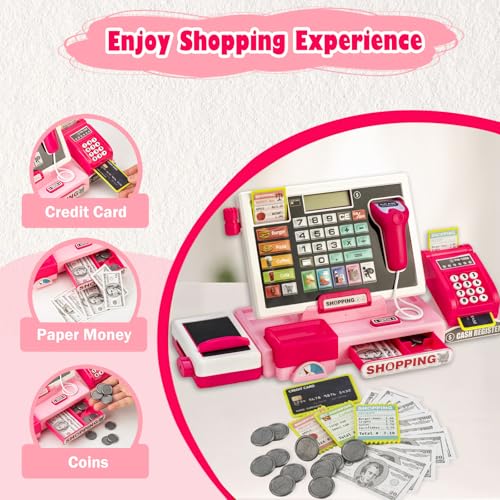 VROGTIK Kids Cash Register Toy with Shopping Cart Toddler Pretend Play Store Cashier Register for Kids with Music / Real Calculator / Scanner Learning Toys for Girls Birthday Gift for 3-8 Year Old Girl - Image 5