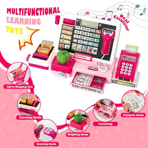 VROGTIK Kids Cash Register Toy with Shopping Cart Toddler Pretend Play Store Cashier Register for Kids with Music / Real Calculator / Scanner Learning Toys for Girls Birthday Gift for 3-8 Year Old Girl - Image 2