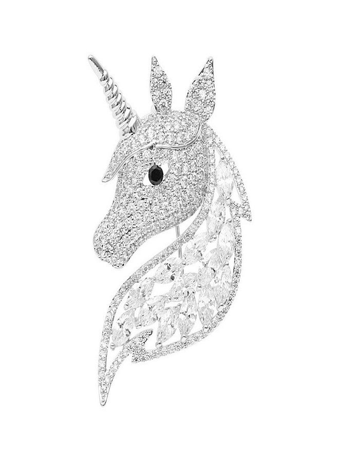Dtja Rhinestone Unicorn Brooch for Women Girls Unisex Fashion Dainty Crystal CZ Silvery Cute Animal Horse Brooch Lapel Pin Dress Suit Accessories Birthday Holiday Mother's Father's Day Jewelry Gift White Gold - Image 1