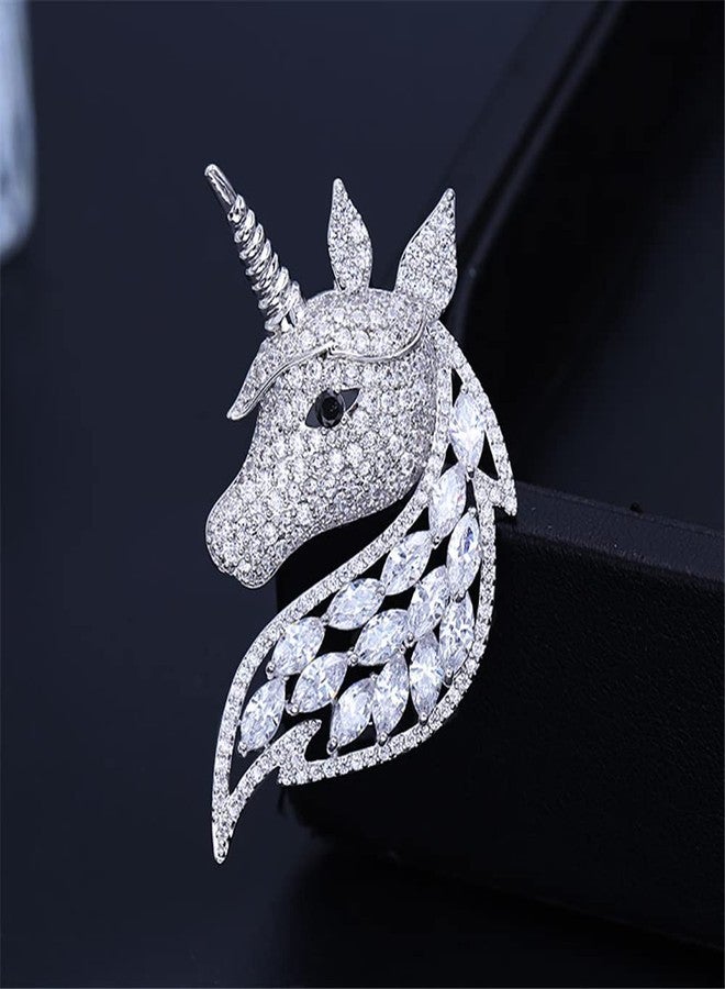 Dtja Rhinestone Unicorn Brooch for Women Girls Unisex Fashion Dainty Crystal CZ Silvery Cute Animal Horse Brooch Lapel Pin Dress Suit Accessories Birthday Holiday Mother's Father's Day Jewelry Gift White Gold - Image 4