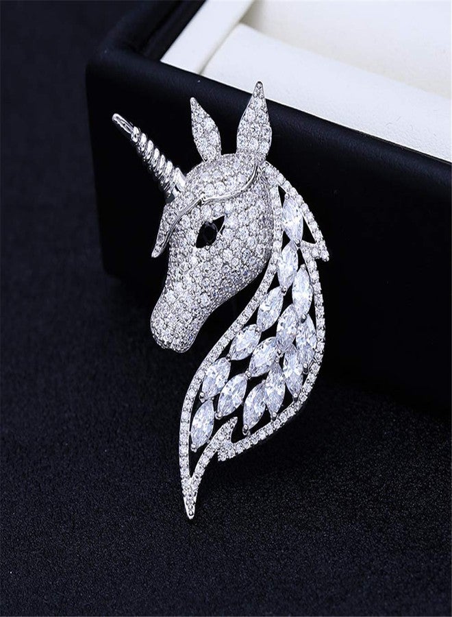 Dtja Rhinestone Unicorn Brooch for Women Girls Unisex Fashion Dainty Crystal CZ Silvery Cute Animal Horse Brooch Lapel Pin Dress Suit Accessories Birthday Holiday Mother's Father's Day Jewelry Gift White Gold - Image 3