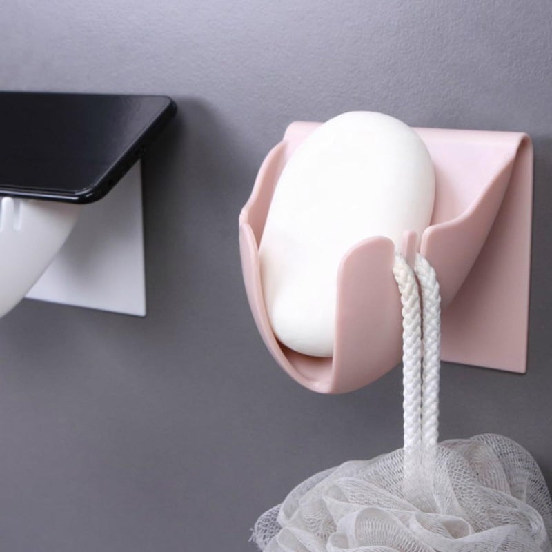 2Pcs Pink and White Plastic Wall Mounted Soap Holder Set No Drill Adhesive Organizer - Image 4