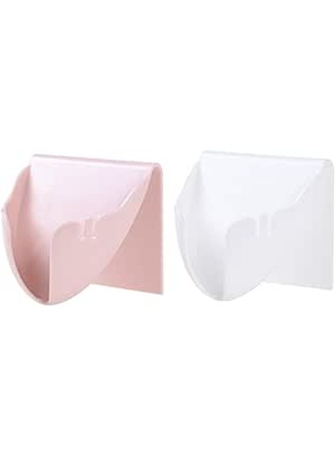 2Pcs Pink and White Plastic Wall Mounted Soap Holder Set No Drill Adhesive Organizer - Image 1