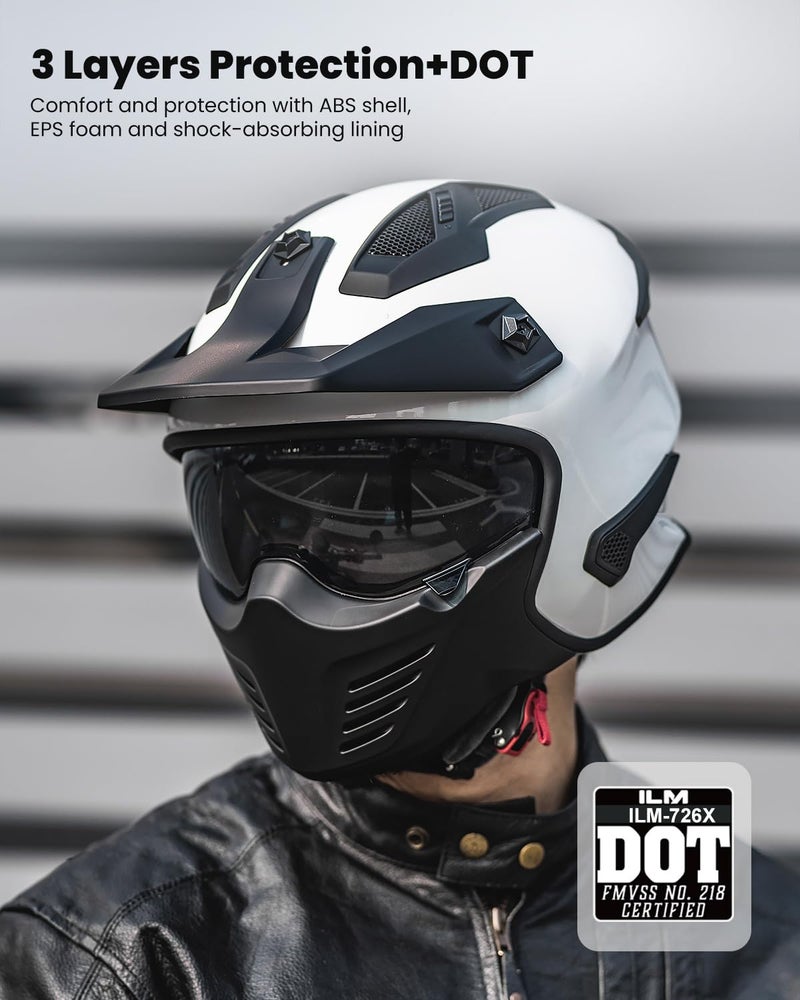 ILM Open Face Motorcycle 3/4 Half Helmet for Dirt Bike Moped ATV UTV Motocross Cruiser Scooter DOT Model 726X (White,S) - Image 4