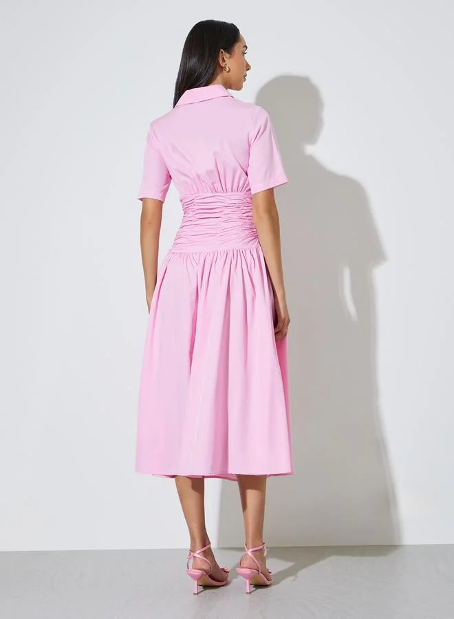 Styli  Pink Gathered Casual Shirt Midi Dress for Women | Best Price UAE