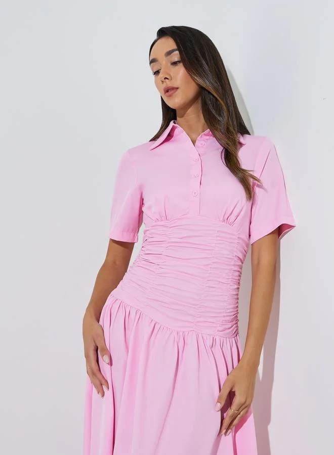 ستايلي Pink Gathered Casual Shirt Midi Dress
