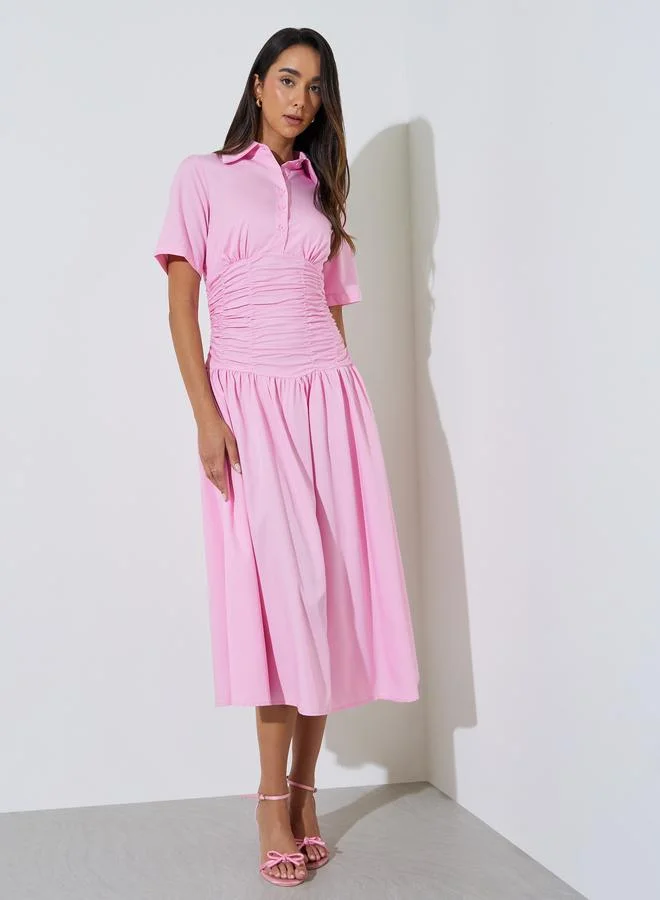 Styli  Pink Gathered Casual Shirt Midi Dress for Women | Best Price UAE