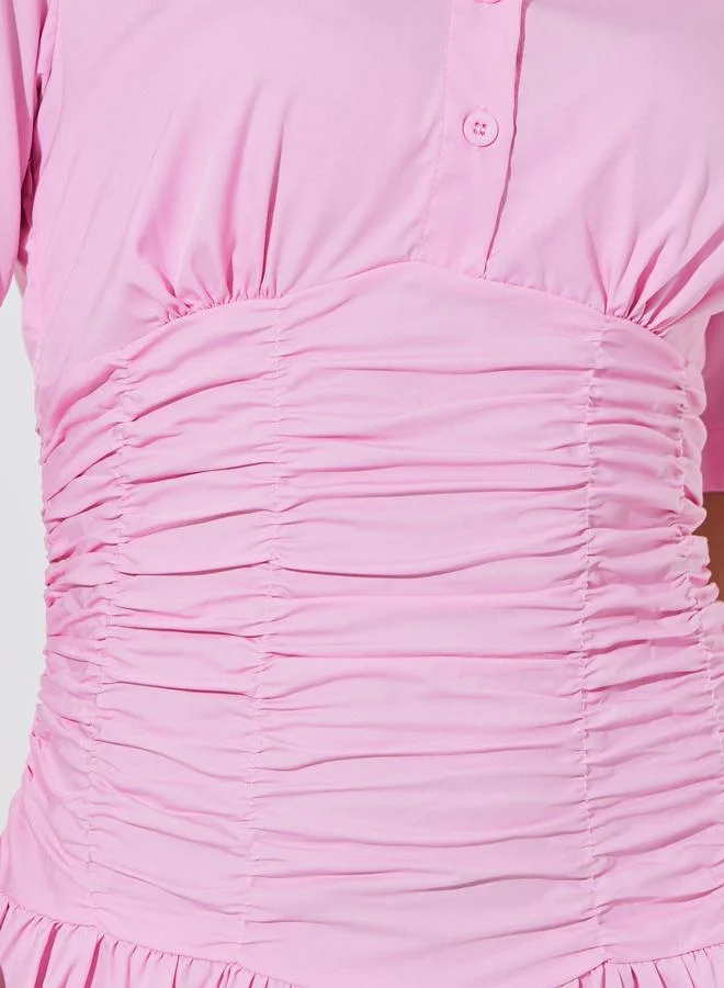 Styli  Pink Gathered Casual Shirt Midi Dress for Women | Best Price UAE