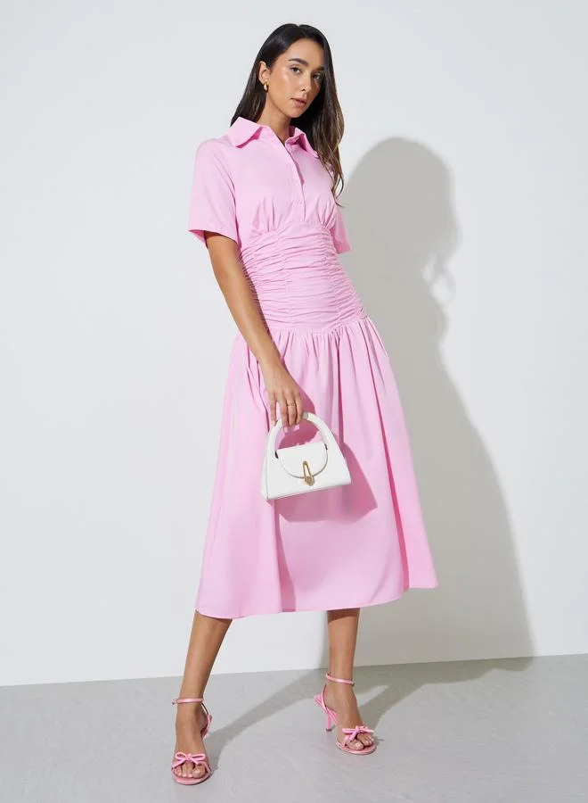 ستايلي Pink Gathered Casual Shirt Midi Dress