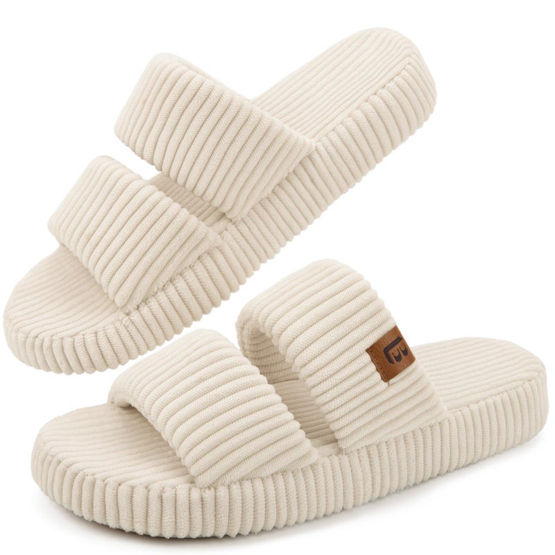 LongBay Slippers for Women Memory Foam Open Toe Slide Indoor House Shoes Slip On Bedroom Comfy Gift Beige, 7-8 - Image 1
