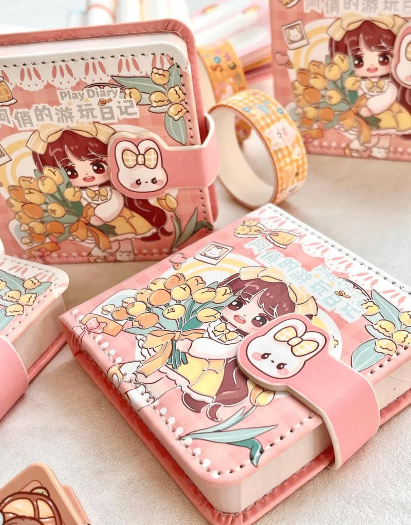 Kağıt Gemi Dükkan Paper Ship Shop Kawaii Cute Girl and Flowers Pink Color Patterned 256 Pages Mini Notebook / Magnetic Diary