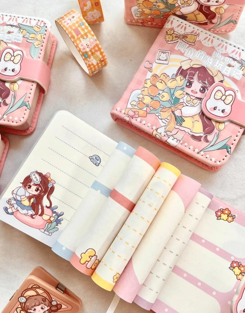 Kağıt Gemi Dükkan Paper Ship Shop Kawaii Cute Girl and Flowers Pink Color Patterned 256 Pages Mini Notebook / Magnetic Diary
