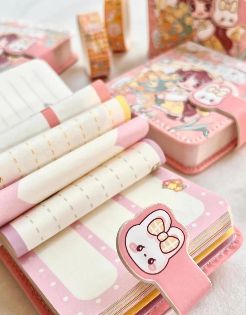 Kağıt Gemi Dükkan Paper Ship Shop Kawaii Cute Girl and Flowers Pink Color Patterned 256 Pages Mini Notebook / Magnetic Diary
