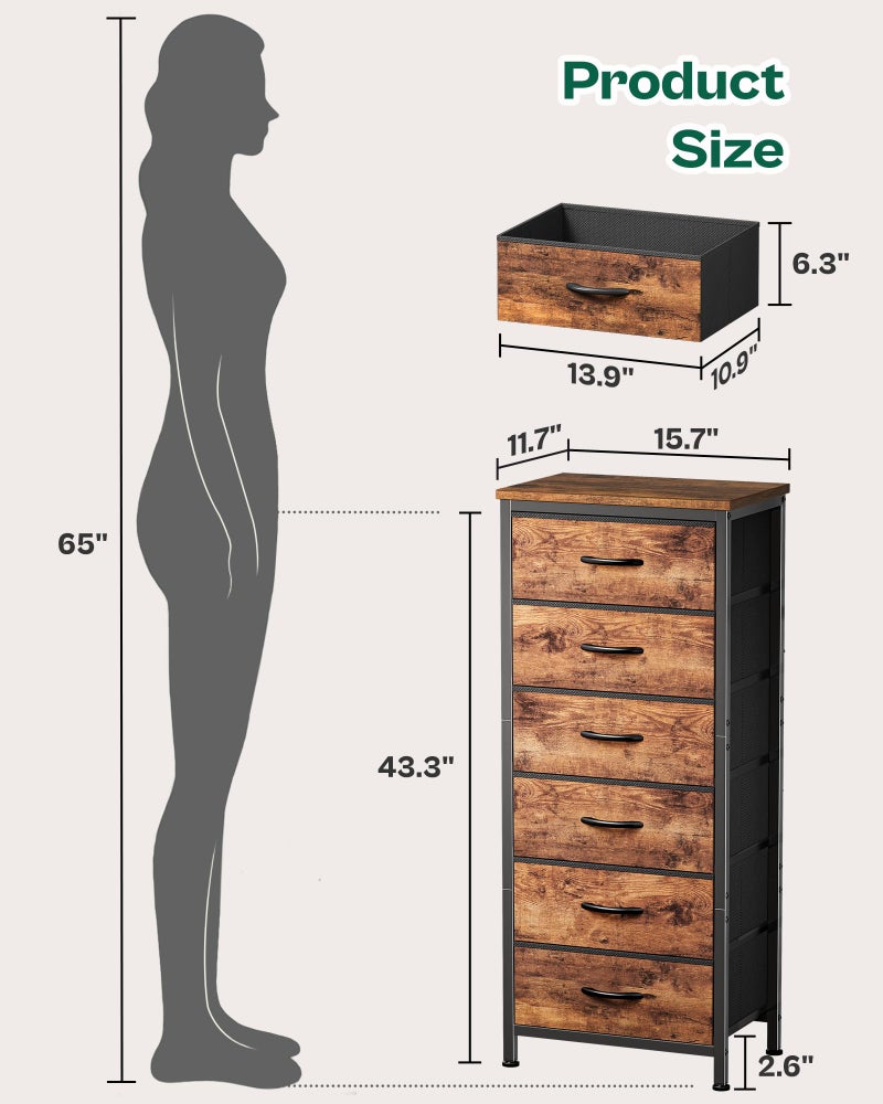 Huuger 43.3 Inch Tall Dresse for Bedroom, 6 Drawer Dresser & Chests of Drawers, Fabric Dresser for Closet, Bedroom, Night Stand, End Table with Metal Frame, Storage Tower, Rustic Brown - Image 5