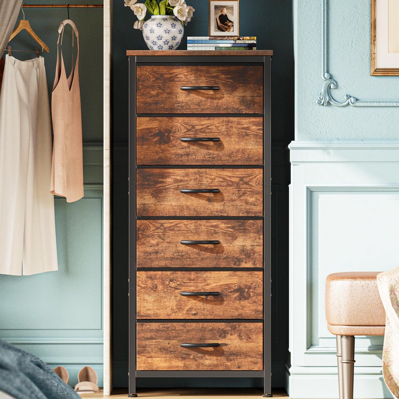 Huuger 43.3 Inch Tall Dresse for Bedroom, 6 Drawer Dresser & Chests of Drawers, Fabric Dresser for Closet, Bedroom, Night Stand, End Table with Metal Frame, Storage Tower, Rustic Brown - Image 1