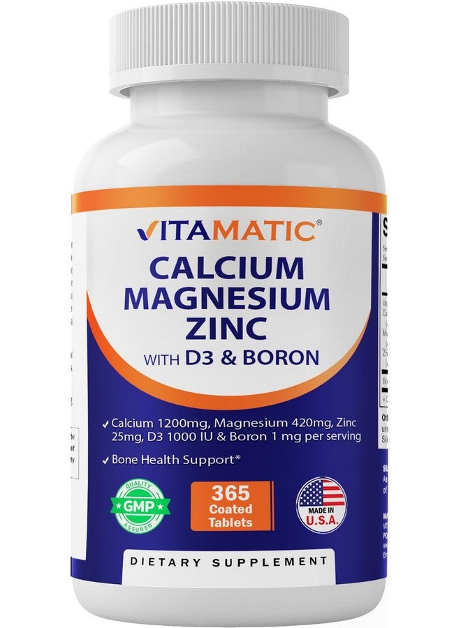 Vitamatic Calcium Magnesium Zinc D3 Boron | 365 Coated Tablets Supplement | Calcium 1200 mg, Magnesium 420mg, Zinc 25mg, Vitamin D3 1000 IU, Boron 1 mg | Non-GMO | Gluten Free | Made in USA - Image 1