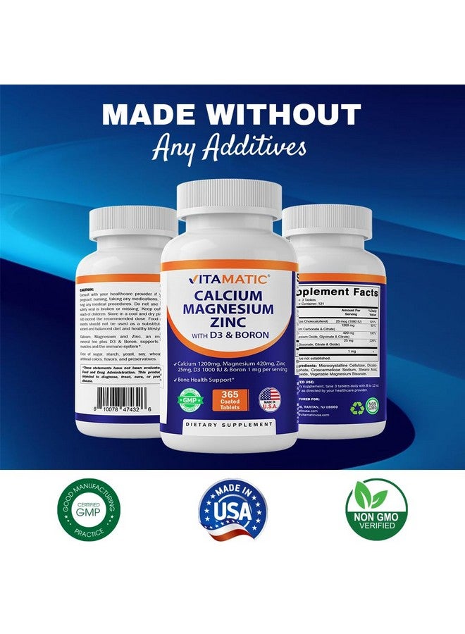 Vitamatic Calcium Magnesium Zinc D3 Boron | 365 Coated Tablets Supplement | Calcium 1200 mg, Magnesium 420mg, Zinc 25mg, Vitamin D3 1000 IU, Boron 1 mg | Non-GMO | Gluten Free | Made in USA - Image 5