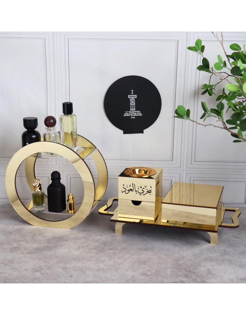 حكاية شمعة مبخره بخور مصنوعة من الاكريليك الفاخر عليها عبارة تبخري بالعود مع استاند منظم للعطور  و صندوق لحفظ البخور تأتي مع صينية بخور أنيقة - Image 1
